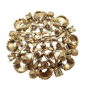 Gold Tone & Deep Orange Rhinestone Round Fashion Brooch Pin 1.75" Unsigned